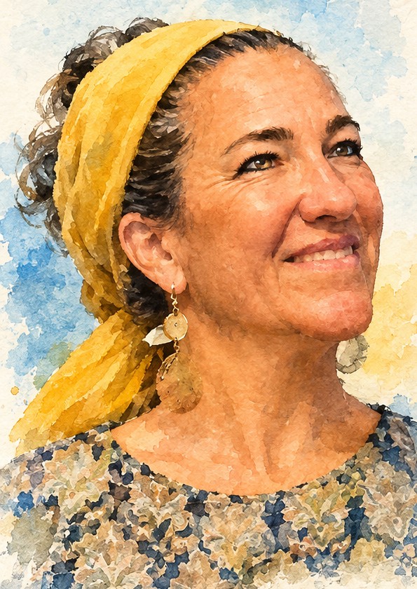 Watercolor portrait of Jenna Lipschitz in a yellow headscarf, smiling